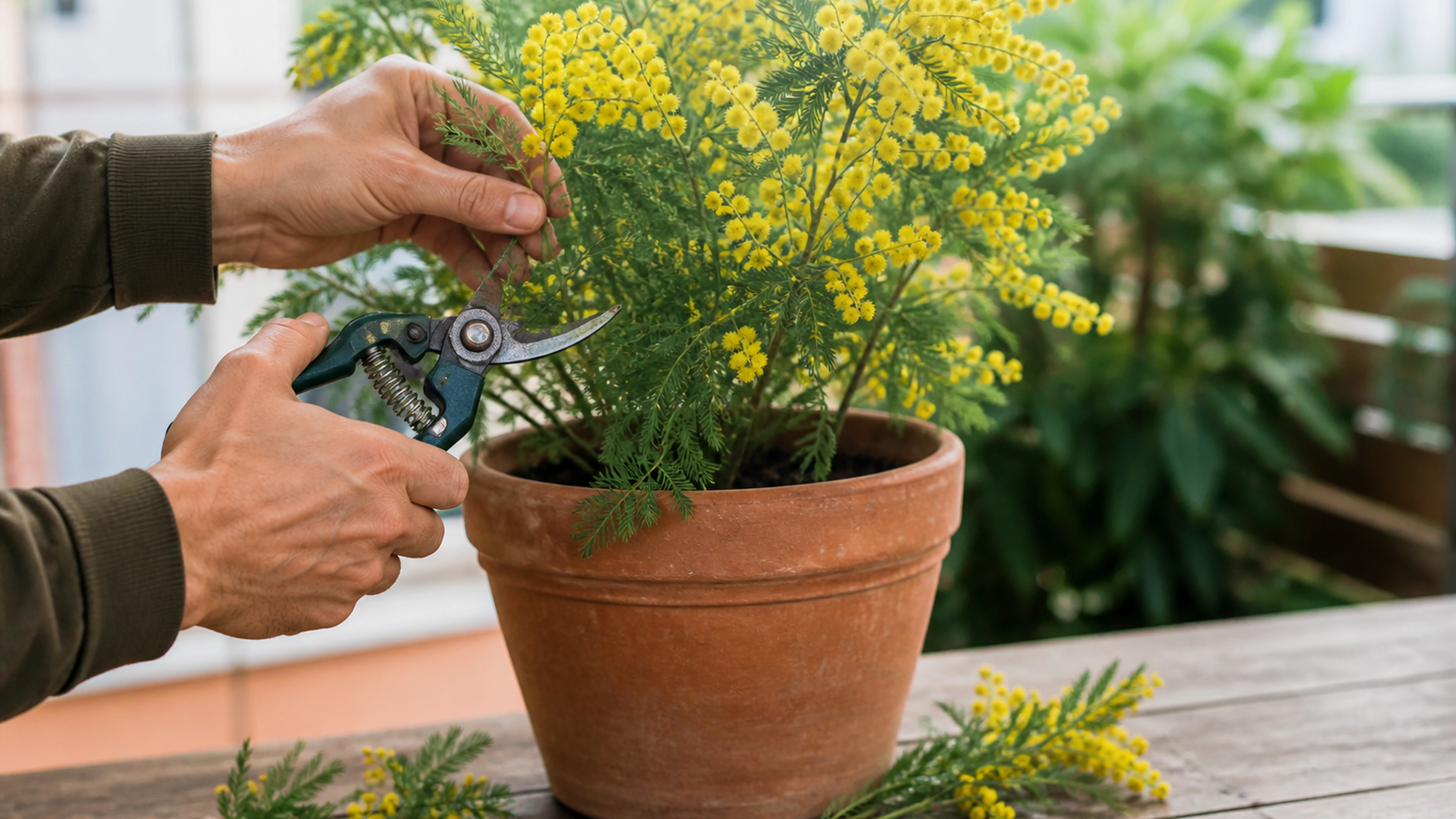Illustration éditoriale pour l’article « Comment tailler un mimosa en pot pour une belle floraison »