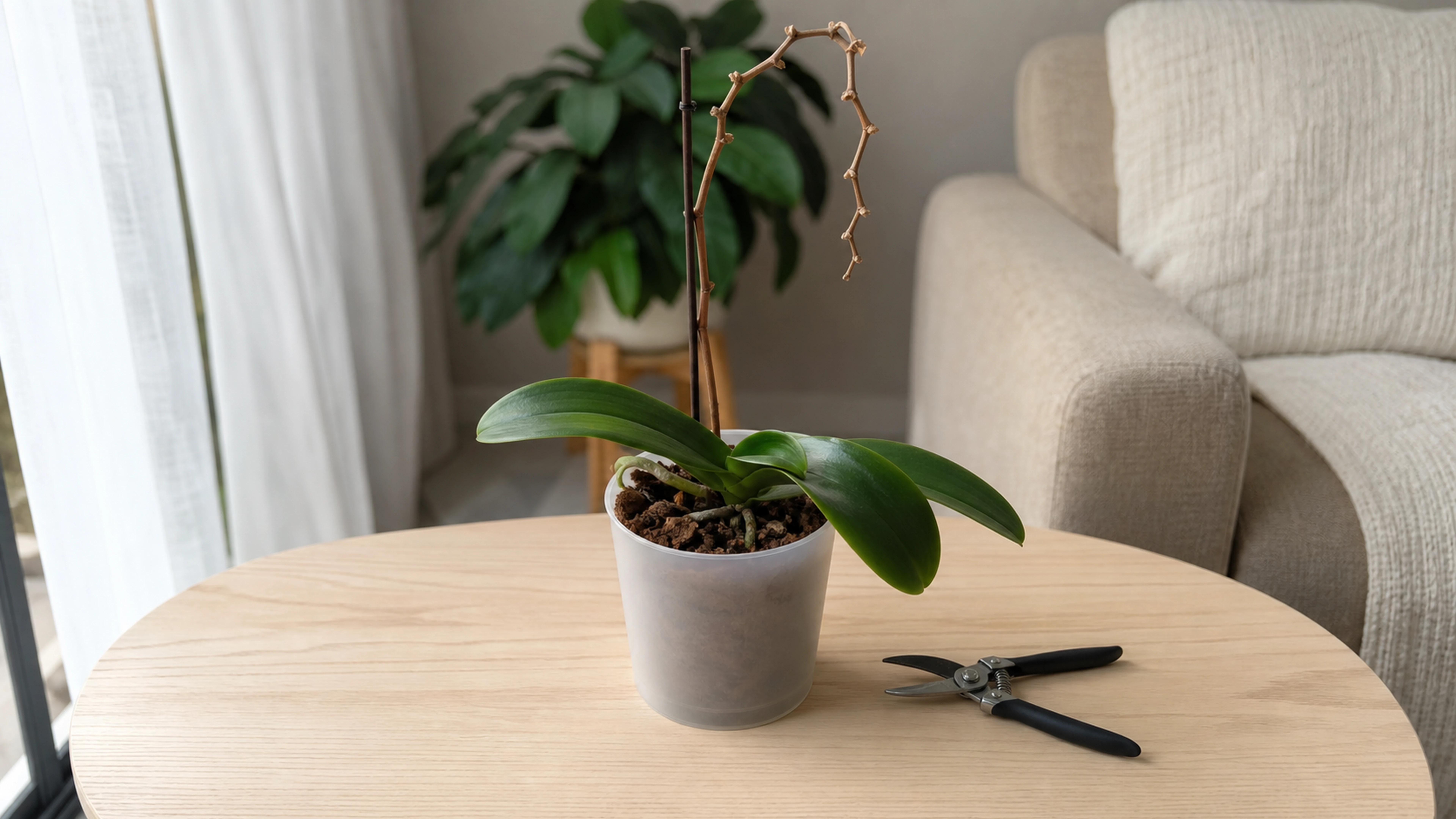 Illustration éditoriale pour l’article « Orchidée tige sèche et feuille verte : comment la faire refleurir »